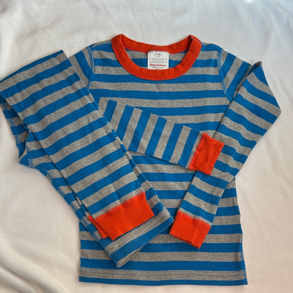Hanna Andersson Blue, Gray, Orange Striped L/S pajama set organic cotton. Sz 130